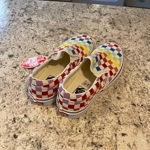 Rainbow Checkered Vans slip-ons. Women Size 8
